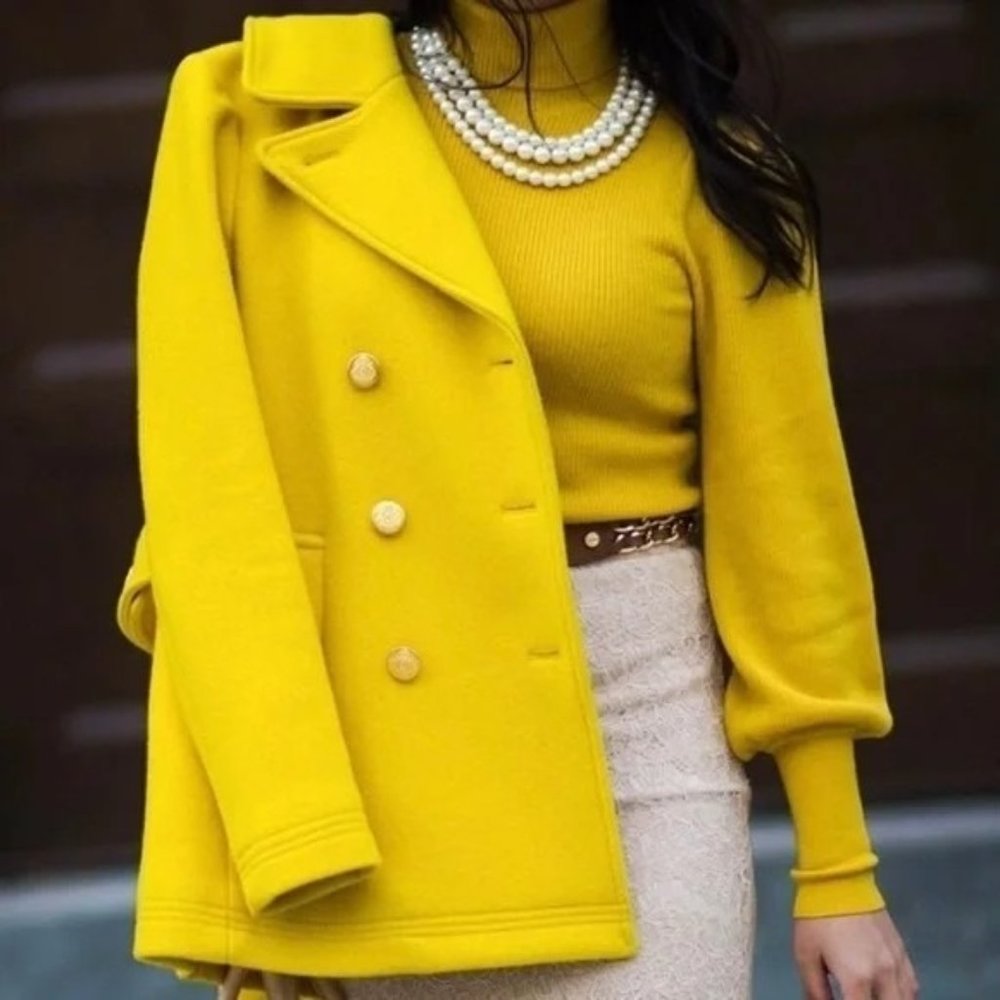Women’s Yellow Double-Breasted Wool Blend Pea Coat. Button Has Been Added